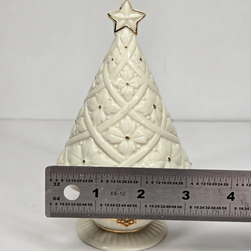 Vtg Ceramic Christmas Tree Hinged Trinket Box White‎ Gold Stars Holiday Decor
